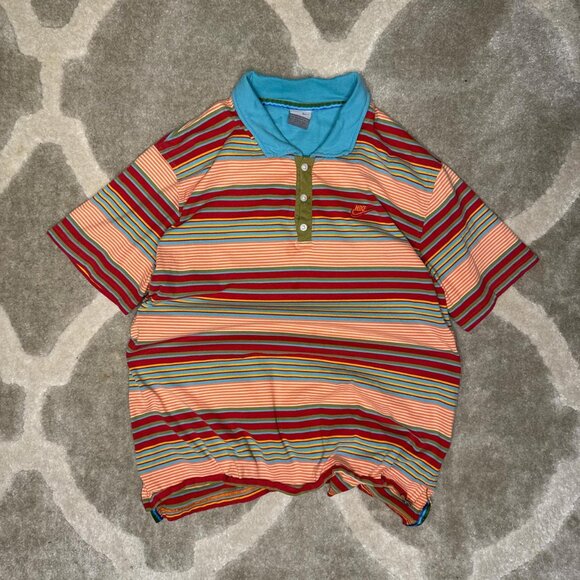 Nike striped polo shirt in multi-coloured stripes with blue collar - Picture 1 of 5